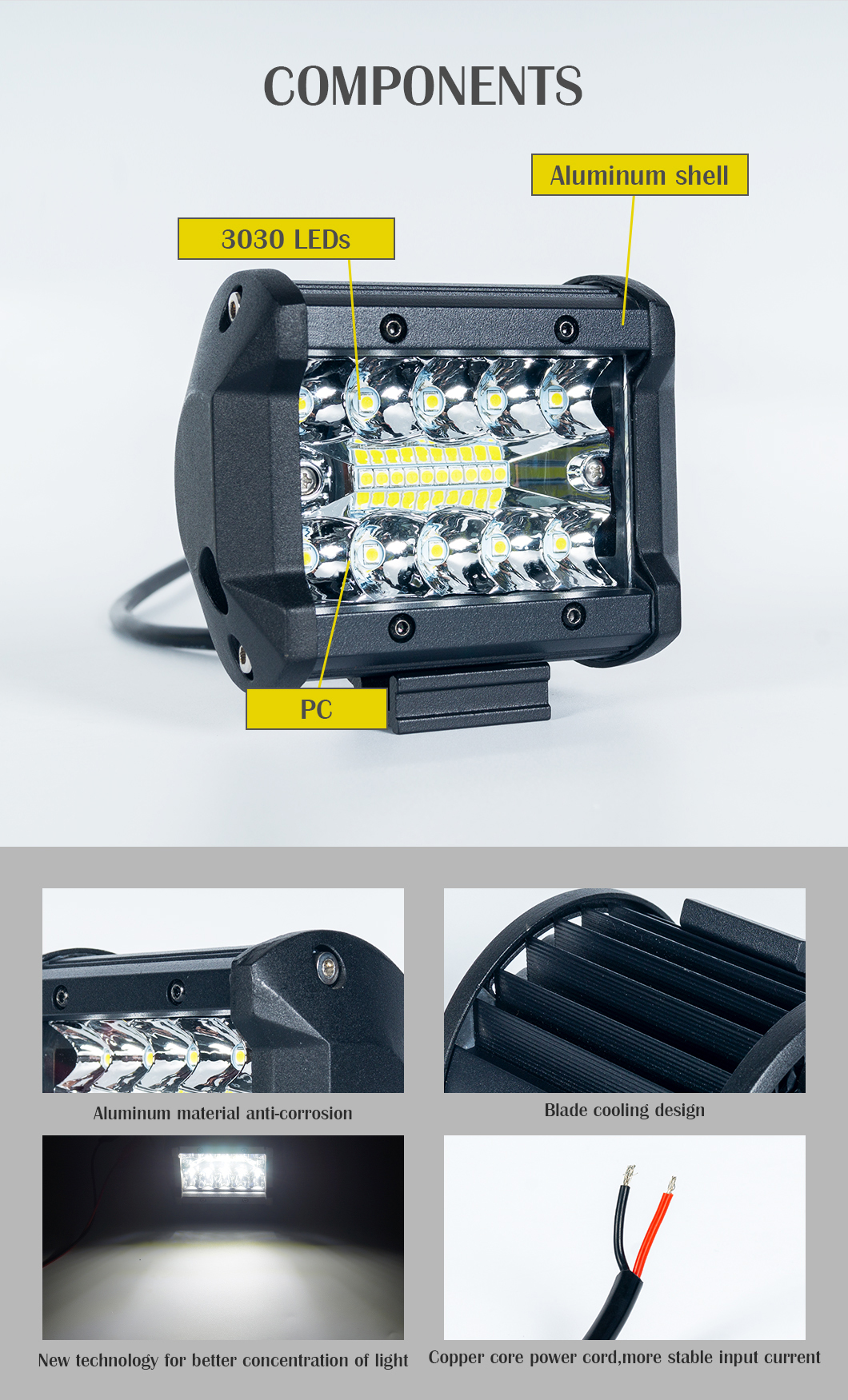 Barra de luz LED Barra de 4 pulgadas Luz LED, luz de trabajo LED de 60 W, l&aacute;mpara de trabajo LED, barra de luz de trabajo LED, luz de trabajo LED de 4 pulgadas 60W