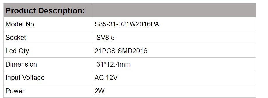 Bulbos de autom&oacute;vil LED S85-31-021W2016PA